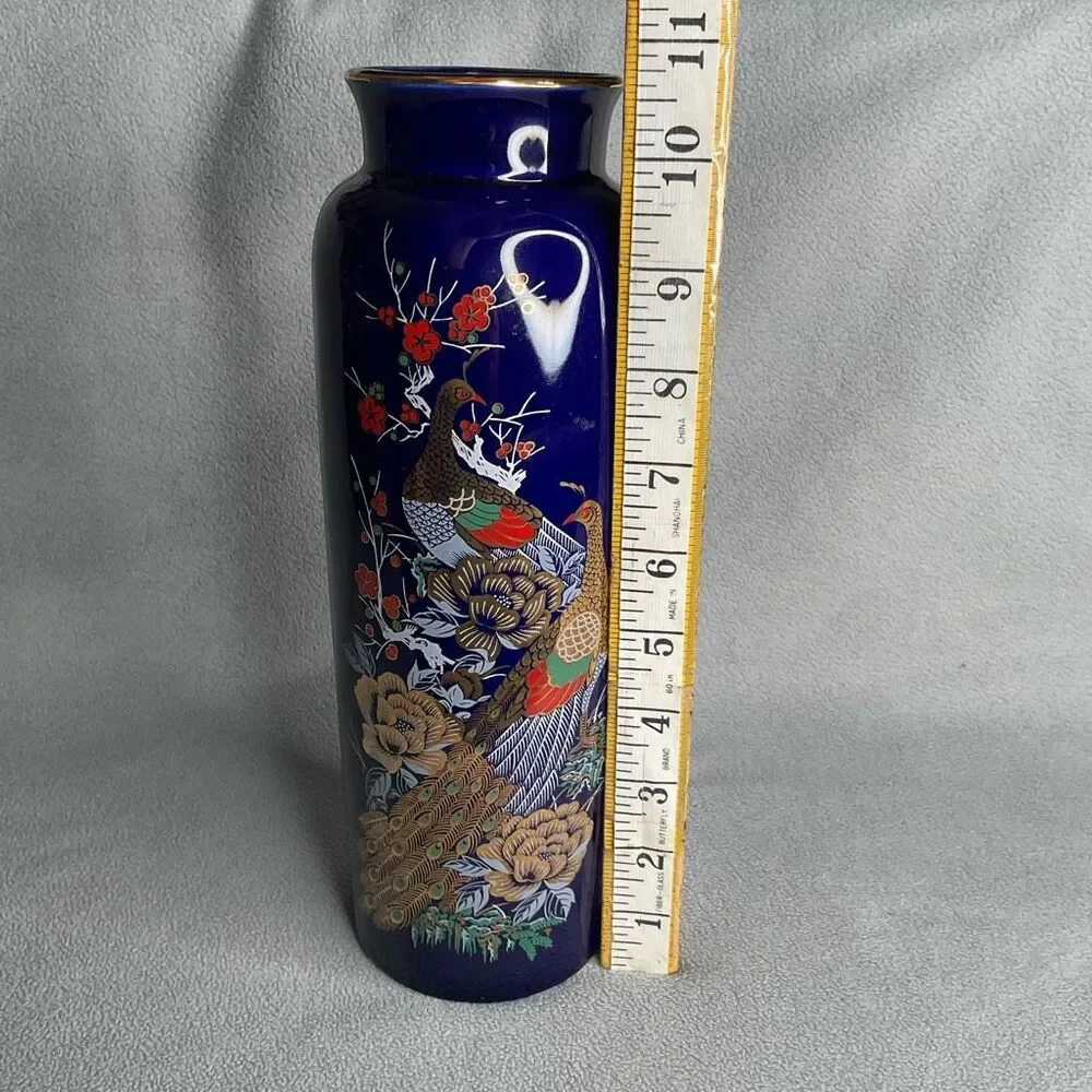 Vintage Interpur Cobalt Blue Peacock Oriental Vase 22KGoldTrim 10.5